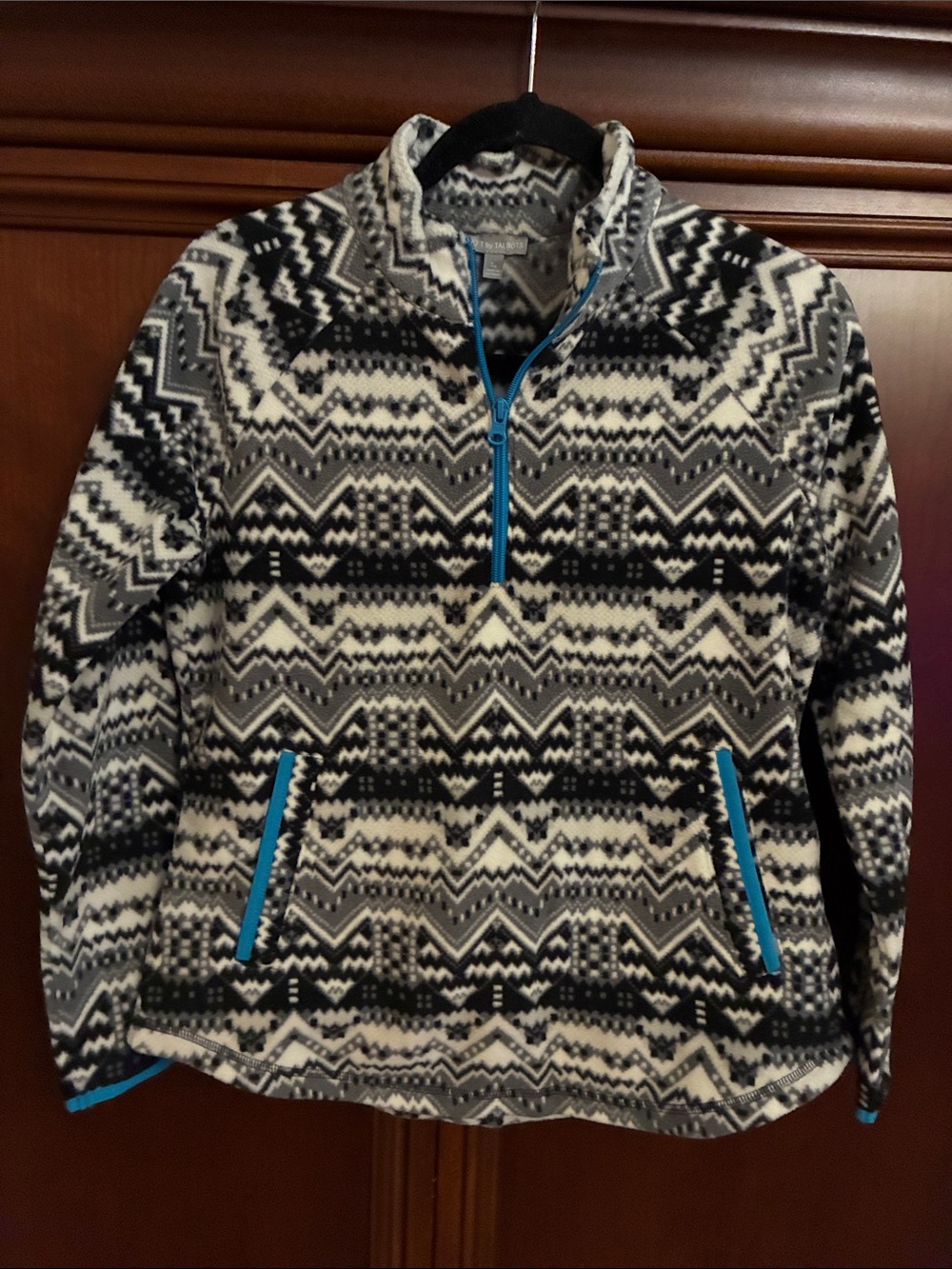 Womens Talbots Black & White Patterned Half-Zip Sweater with Blue Trim